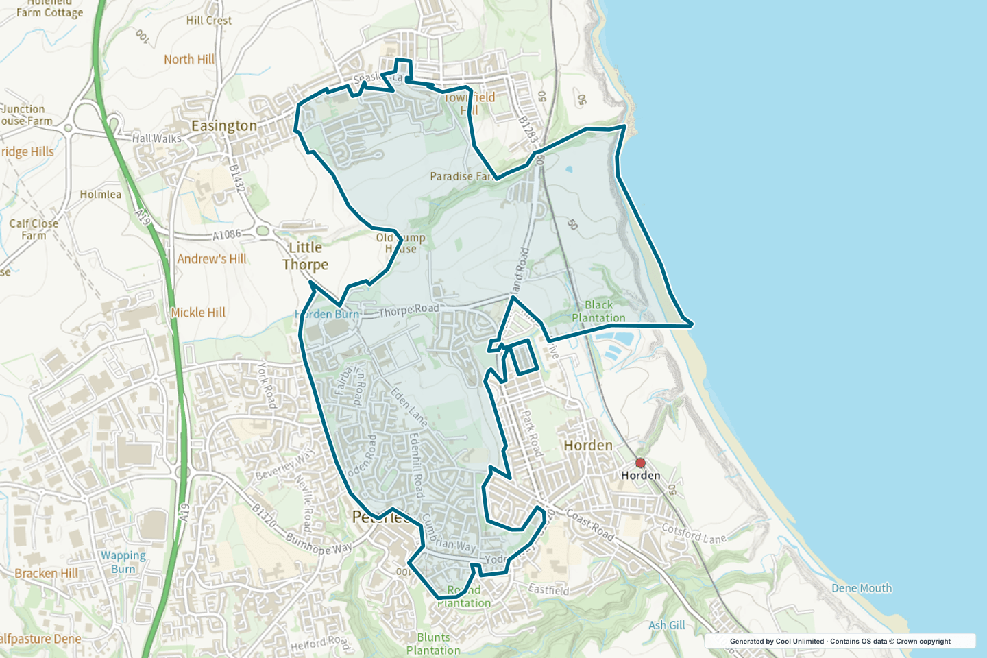 OS OpenData Outdoor map showing the approximate Peterlee East selection geography outlined in blue