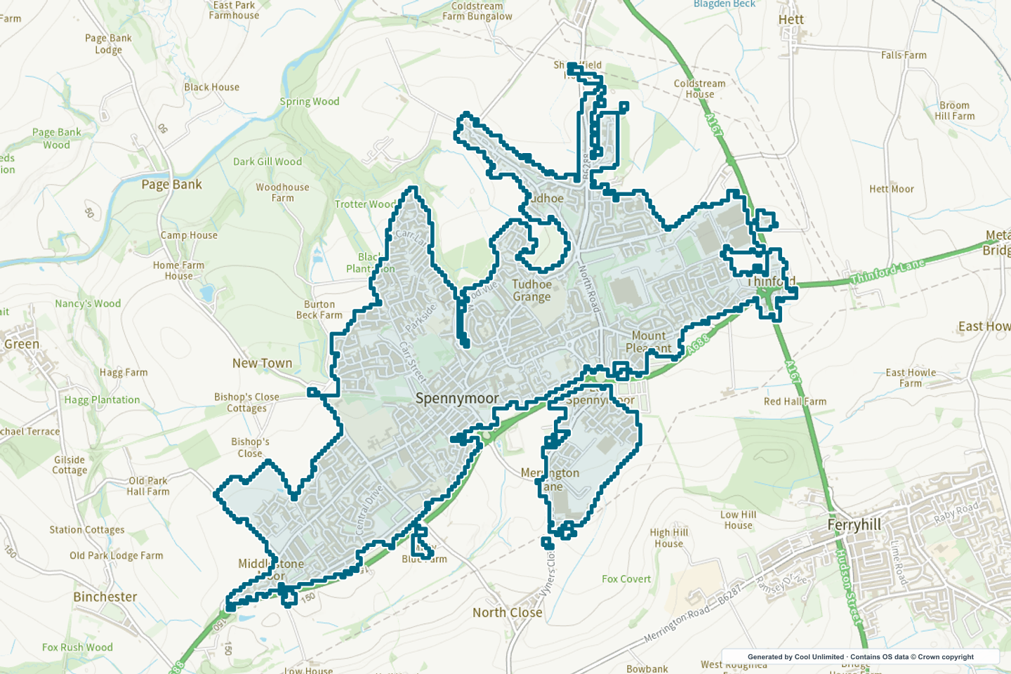 OS OpenData Outdoor map showing the approximate Spennymoor selection geography outlined in blue