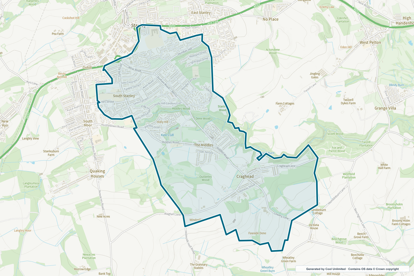 OS OpenData Outdoor map showing the approximate Stanley South selection geography outlined in blue