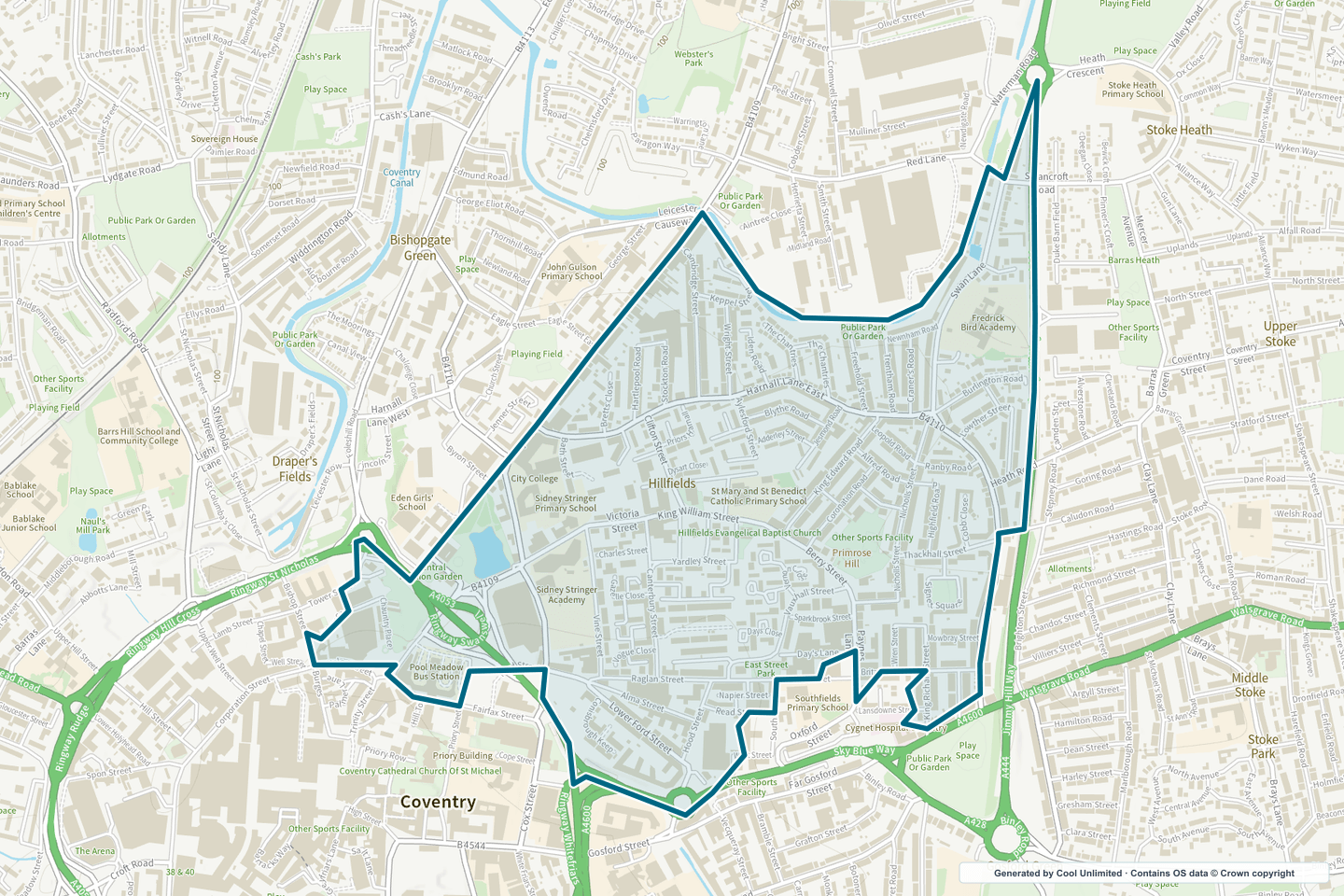 OS OpenData Outdoor map showing the approximate Hillfields selection geography outlined in blue
