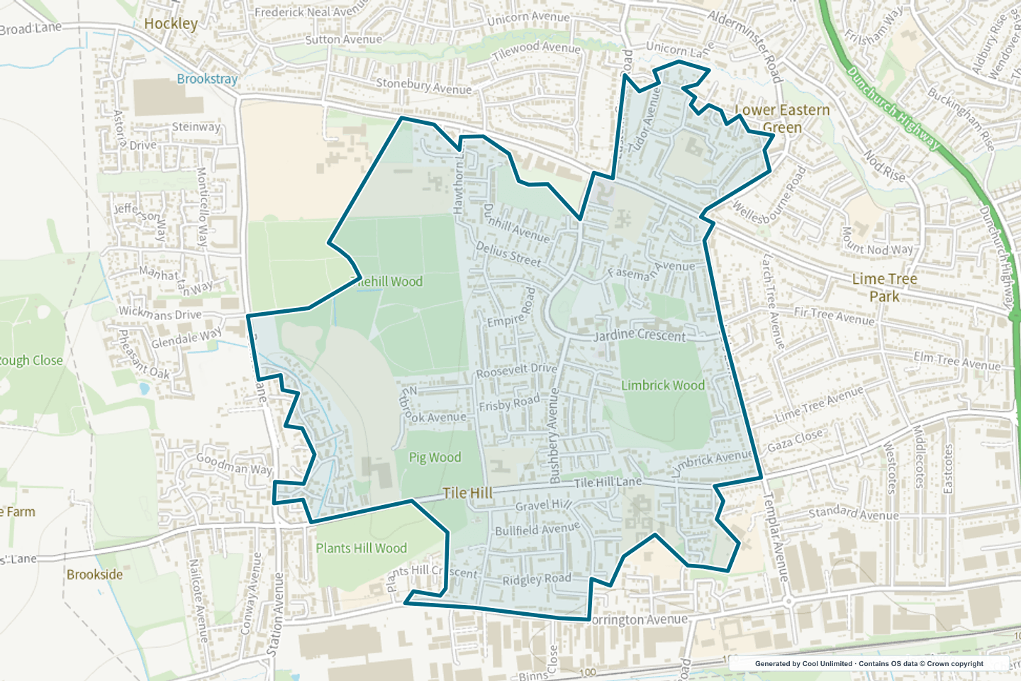 OS OpenData Outdoor map showing the approximate Tile Hill selection geography outlined in blue