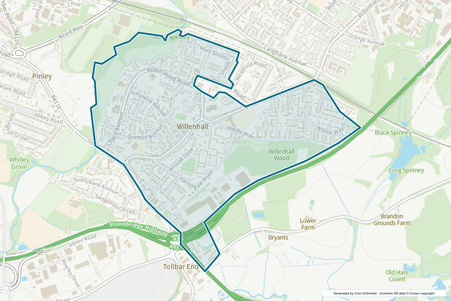 OS OpenData Outdoor map showing the approximate Willenhall selection geography outlined in blue