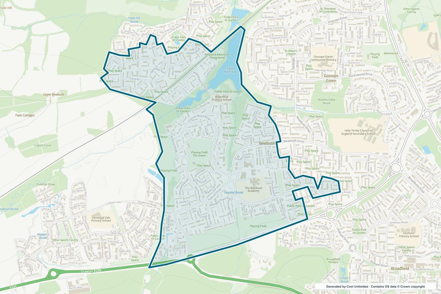 OS OpenData Outdoor map showing the approximate Bewbush selection geography outlined in blue