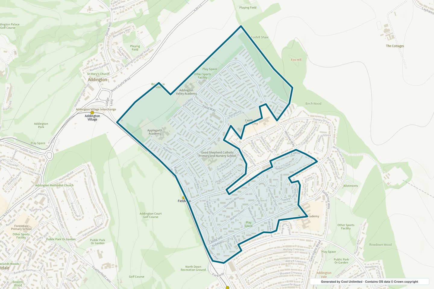 OS OpenData Outdoor map showing the approximate New Addington North selection geography outlined in blue