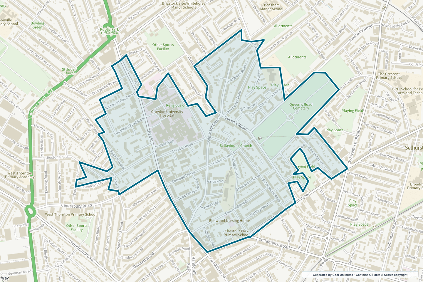 OS OpenData Outdoor map showing the approximate University Hospital & Queen’s Road selection geography outlined in blue
