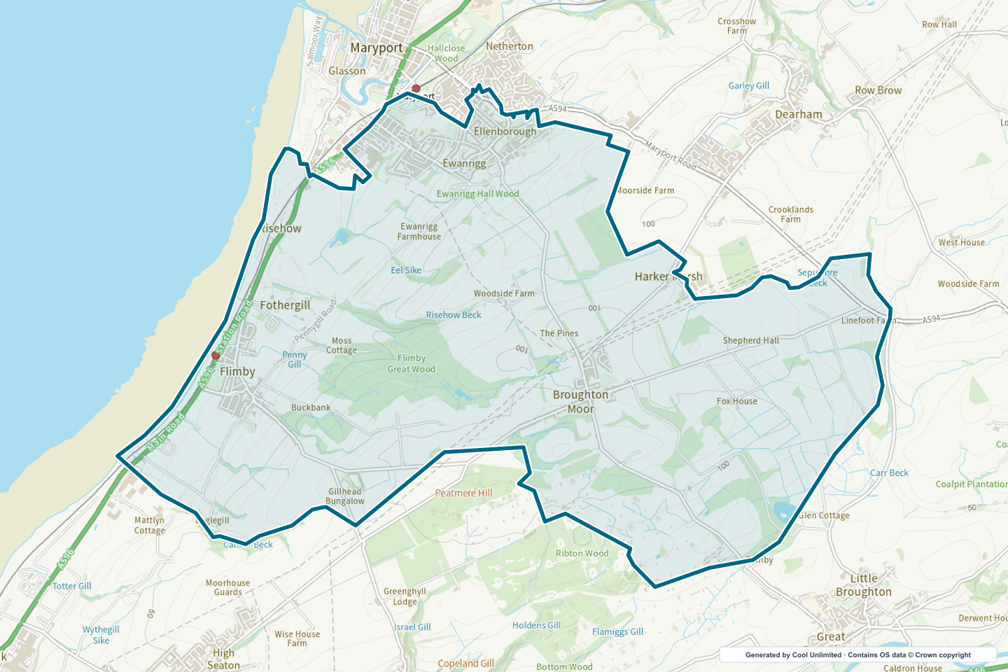 OS OpenData Outdoor map showing the approximate Flimby, Ellenborough & Broughton Moor selection geography outlined in blue