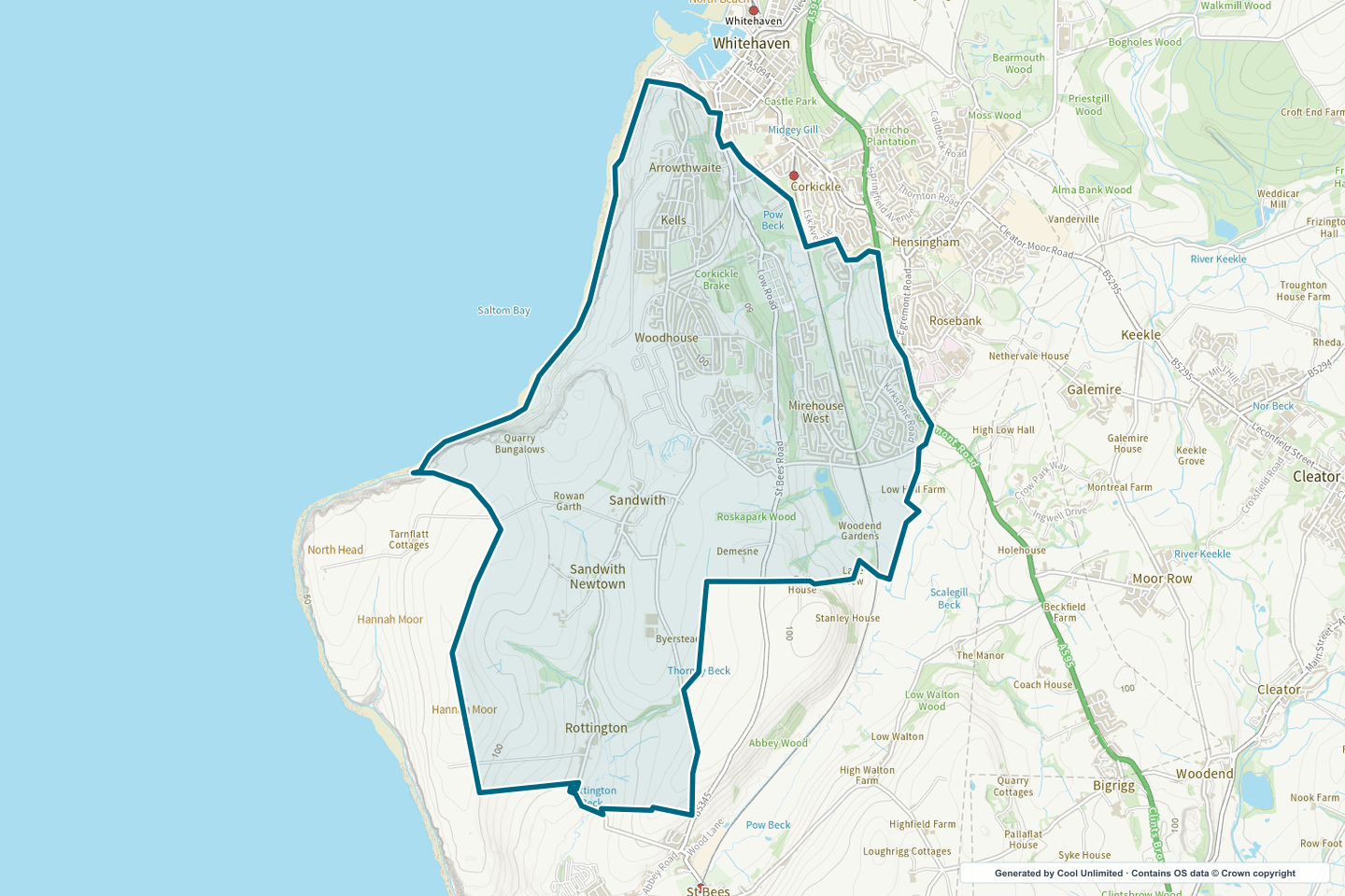 OS OpenData Outdoor map showing the approximate Mirehouse, Kells & Woodhouse selection geography outlined in blue