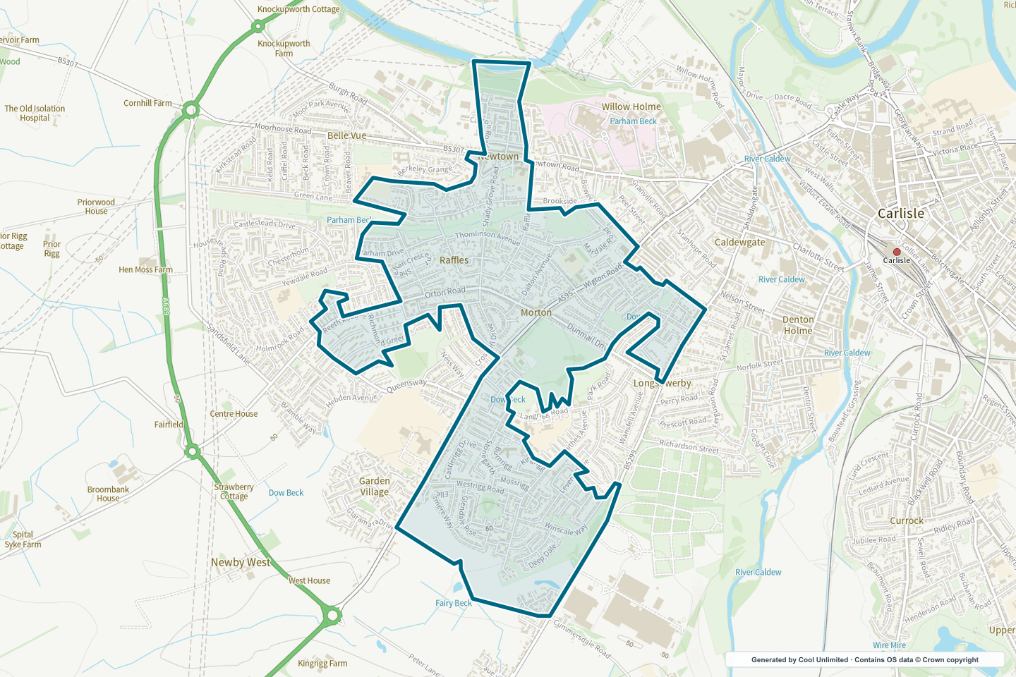 OS OpenData Outdoor map showing the approximate Raffles & Morton selection geography outlined in blue