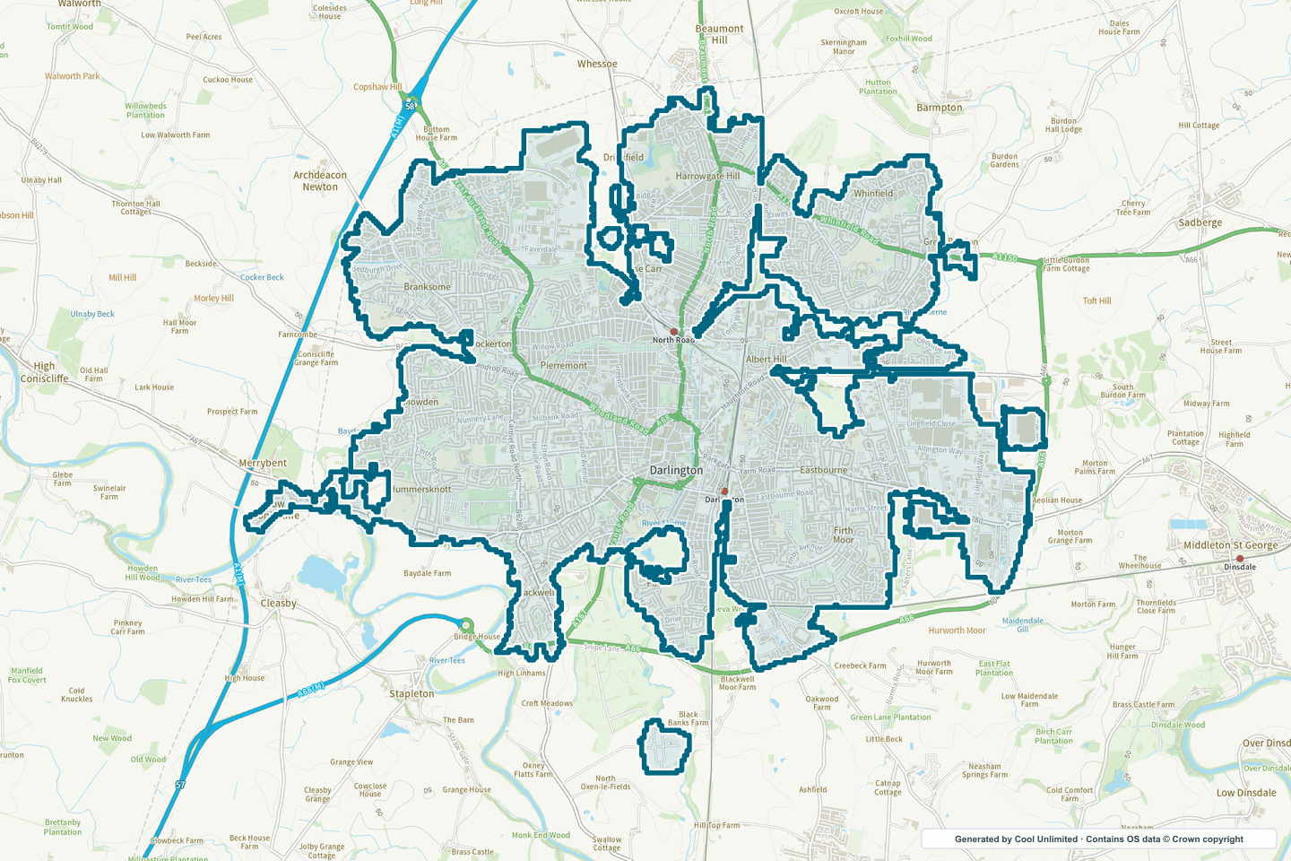 OS OpenData Outdoor map showing the approximate Darlington selection geography outlined in blue