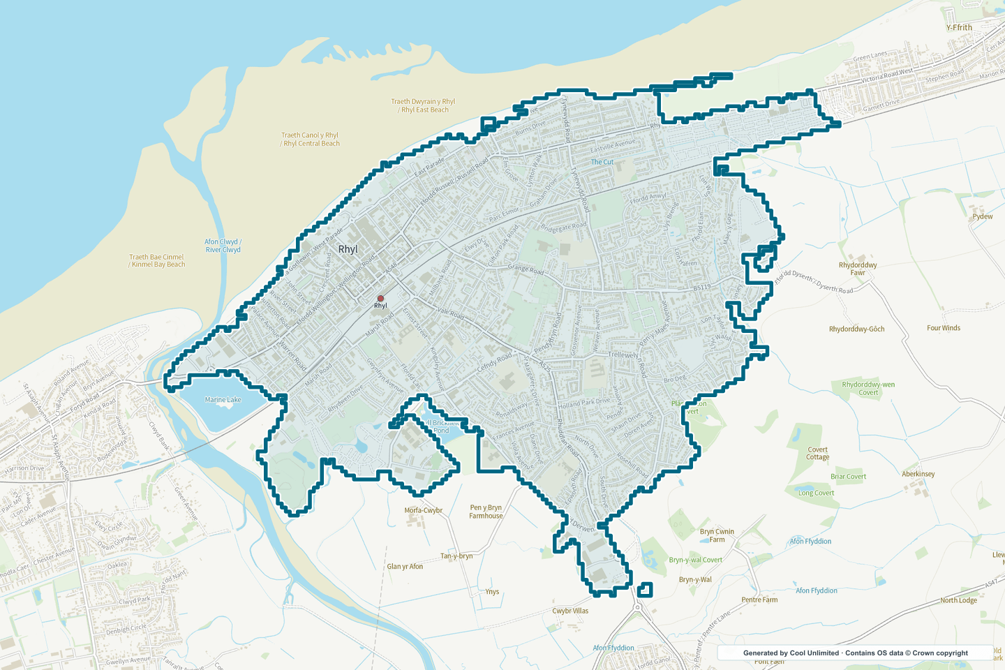 OS OpenData Outdoor map showing the approximate Rhyl selection geography outlined in blue