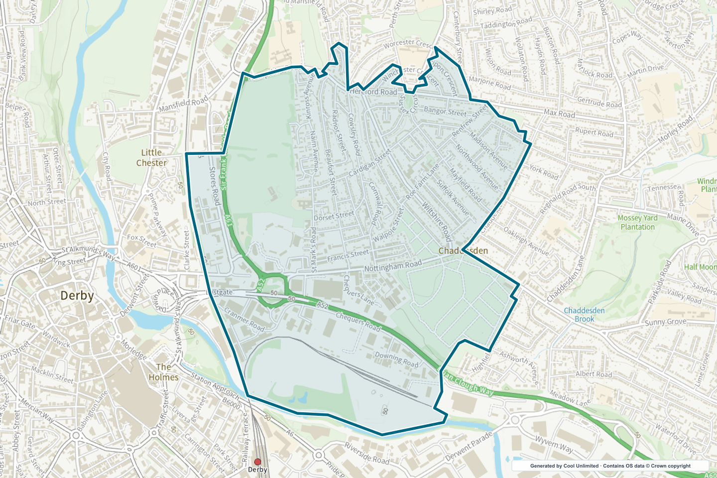 OS OpenData Outdoor map showing the approximate Chaddesden West selection geography outlined in blue