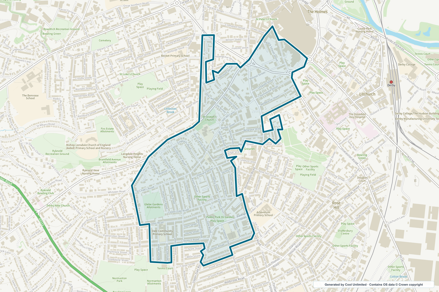 OS OpenData Outdoor map showing the approximate New Normanton selection geography outlined in blue