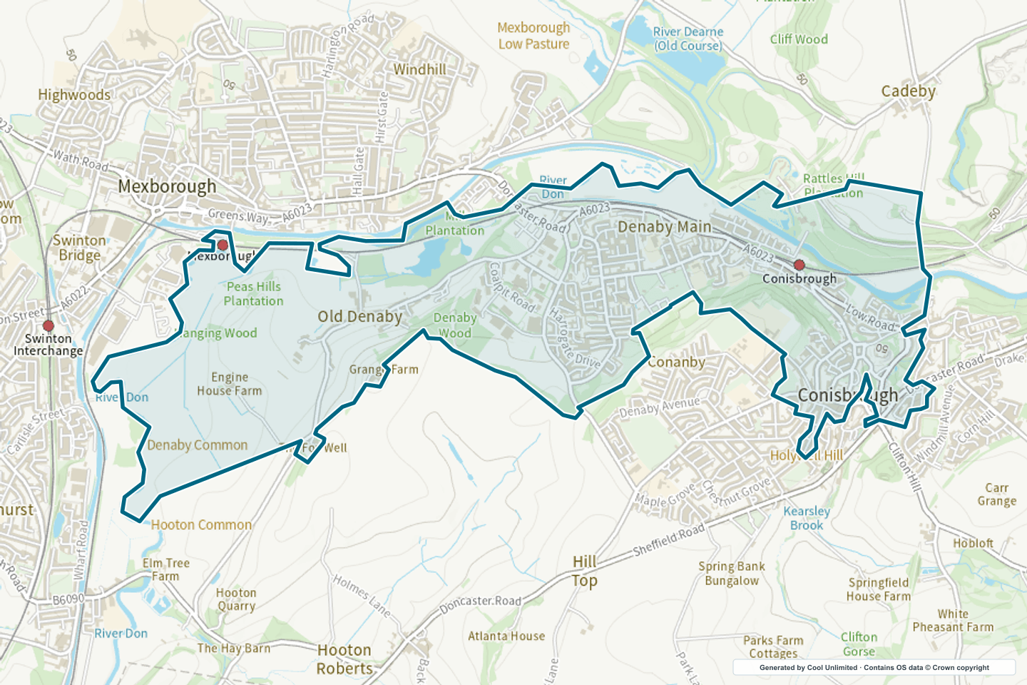 OS OpenData Outdoor map showing the approximate Conisbrough North selection geography outlined in blue