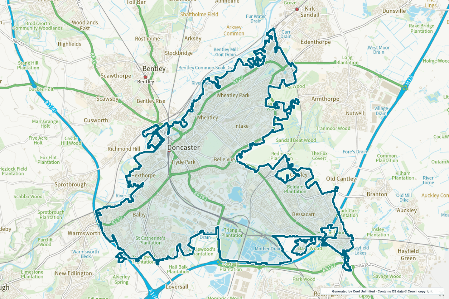 OS OpenData Outdoor map showing the approximate Doncaster selection geography outlined in blue