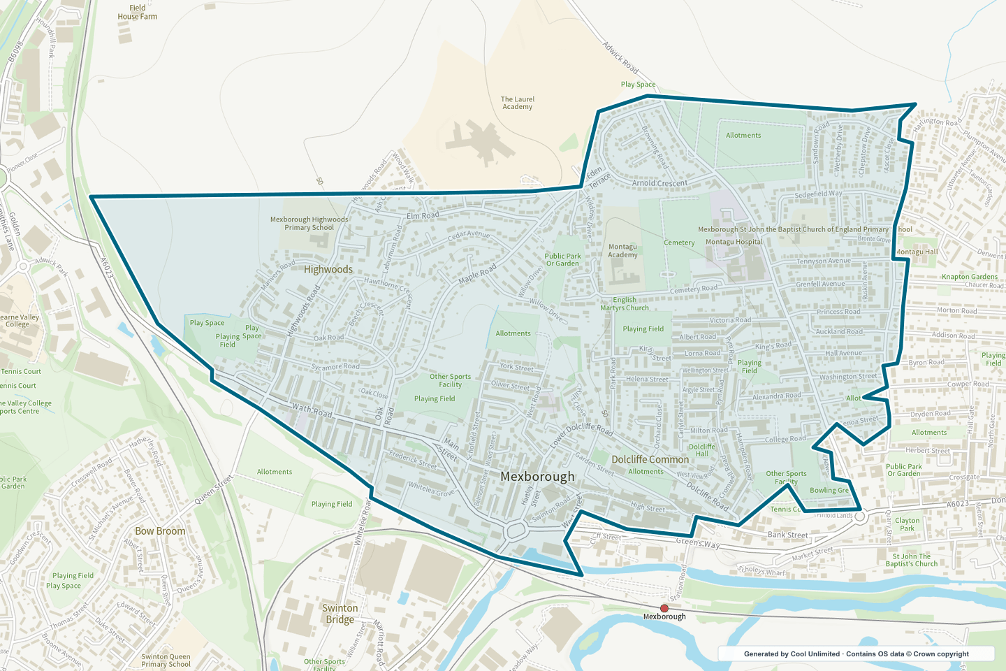 OS OpenData Outdoor map showing the approximate Mexborough West selection geography outlined in blue