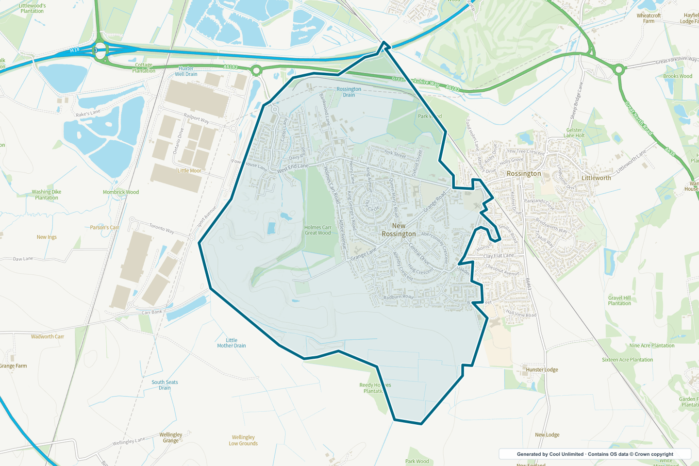 OS OpenData Outdoor map showing the approximate New Rossington selection geography outlined in blue