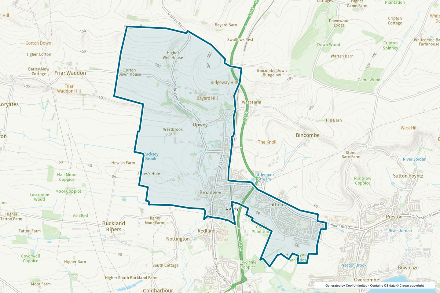 OS OpenData Outdoor map showing the approximate Broadwey & Littlemoor selection geography outlined in blue