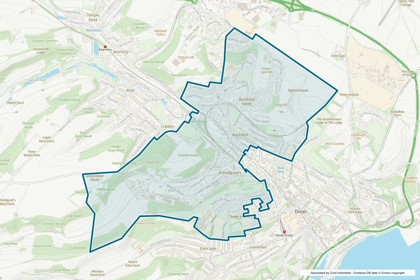 OS OpenData Outdoor map showing the approximate Buckland & St Radigunds selection geography outlined in blue