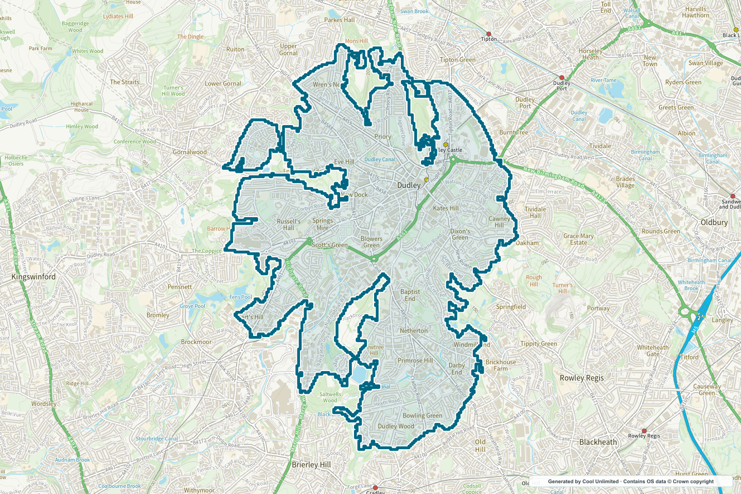 OS OpenData Outdoor map showing the approximate Dudley (Dudley) selection geography outlined in blue