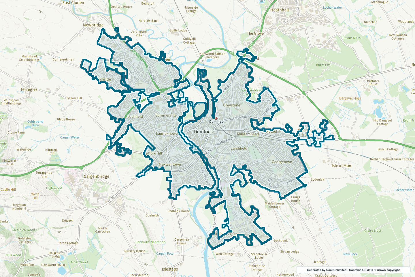 OS OpenData Outdoor map showing the approximate Dumfries selection geography outlined in blue