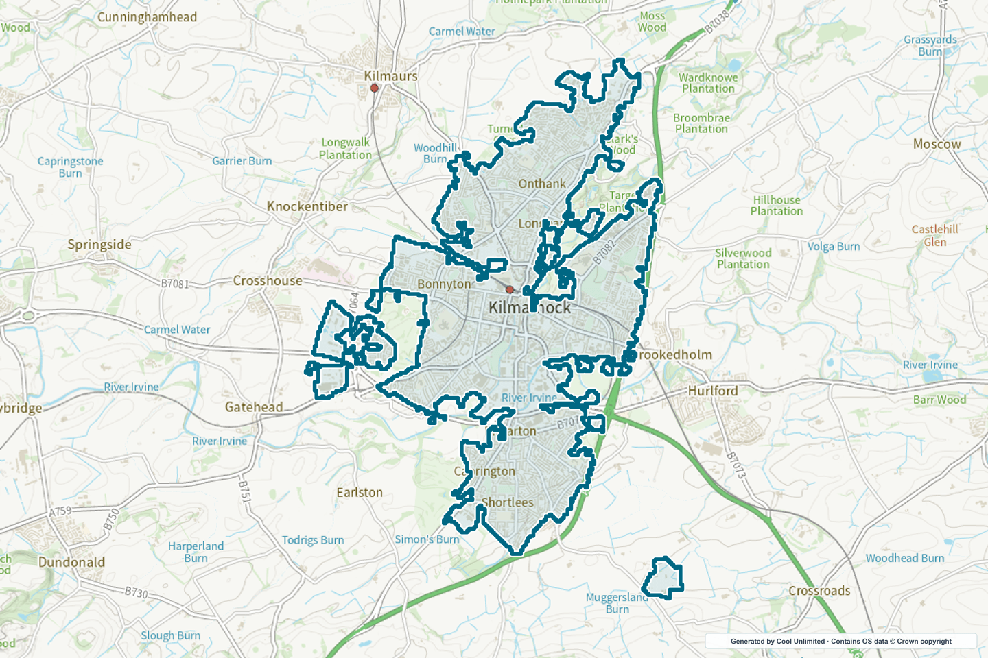 OS OpenData Outdoor map showing the approximate Kilmarnock selection geography outlined in blue