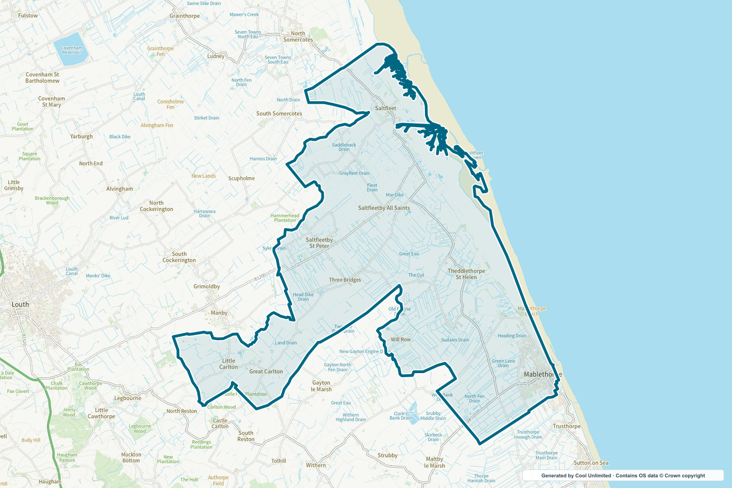 OS OpenData Outdoor map showing the approximate Mablethorpe selection geography outlined in blue