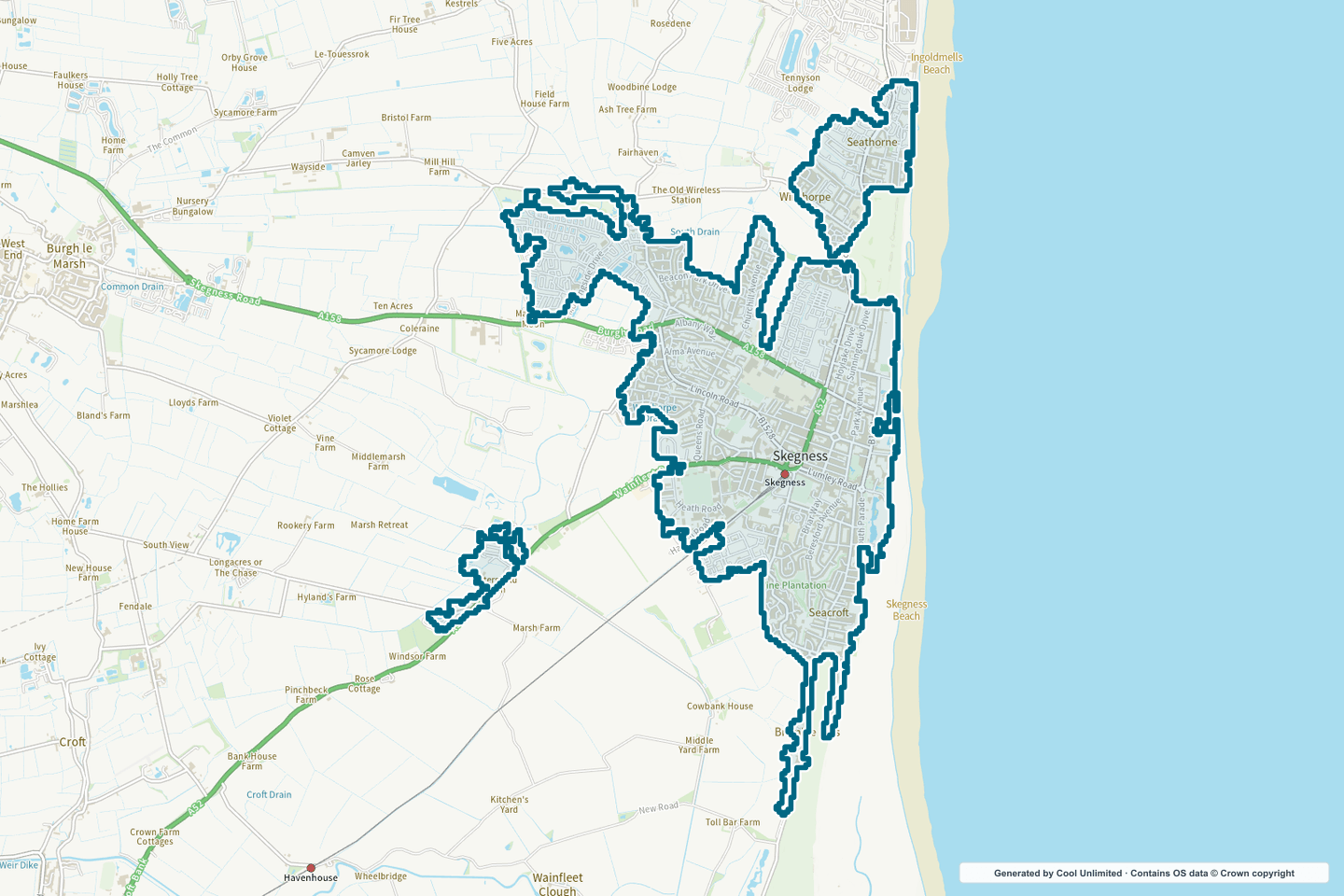 OS OpenData Outdoor map showing the approximate Skegness selection geography outlined in blue