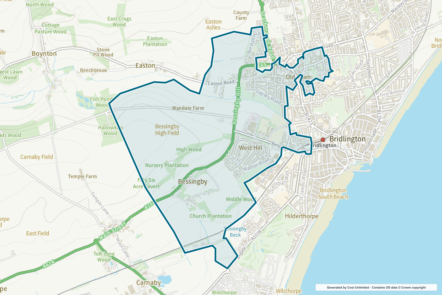 OS OpenData Outdoor map showing the approximate Bridlington West selection geography outlined in blue