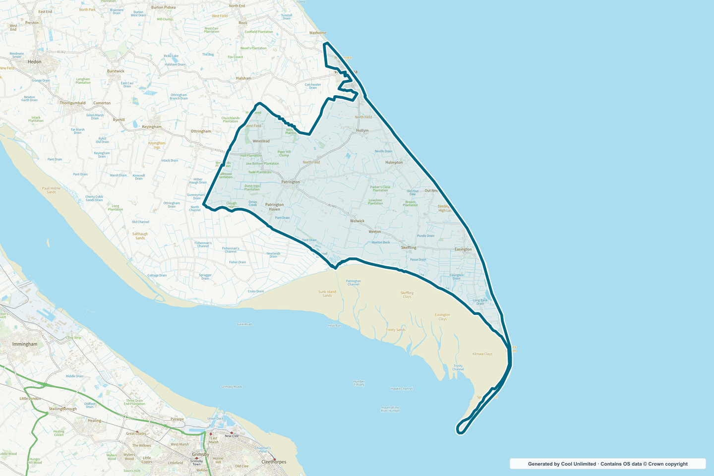 OS OpenData Outdoor map showing the approximate Withernsea East & Patrington selection geography outlined in blue