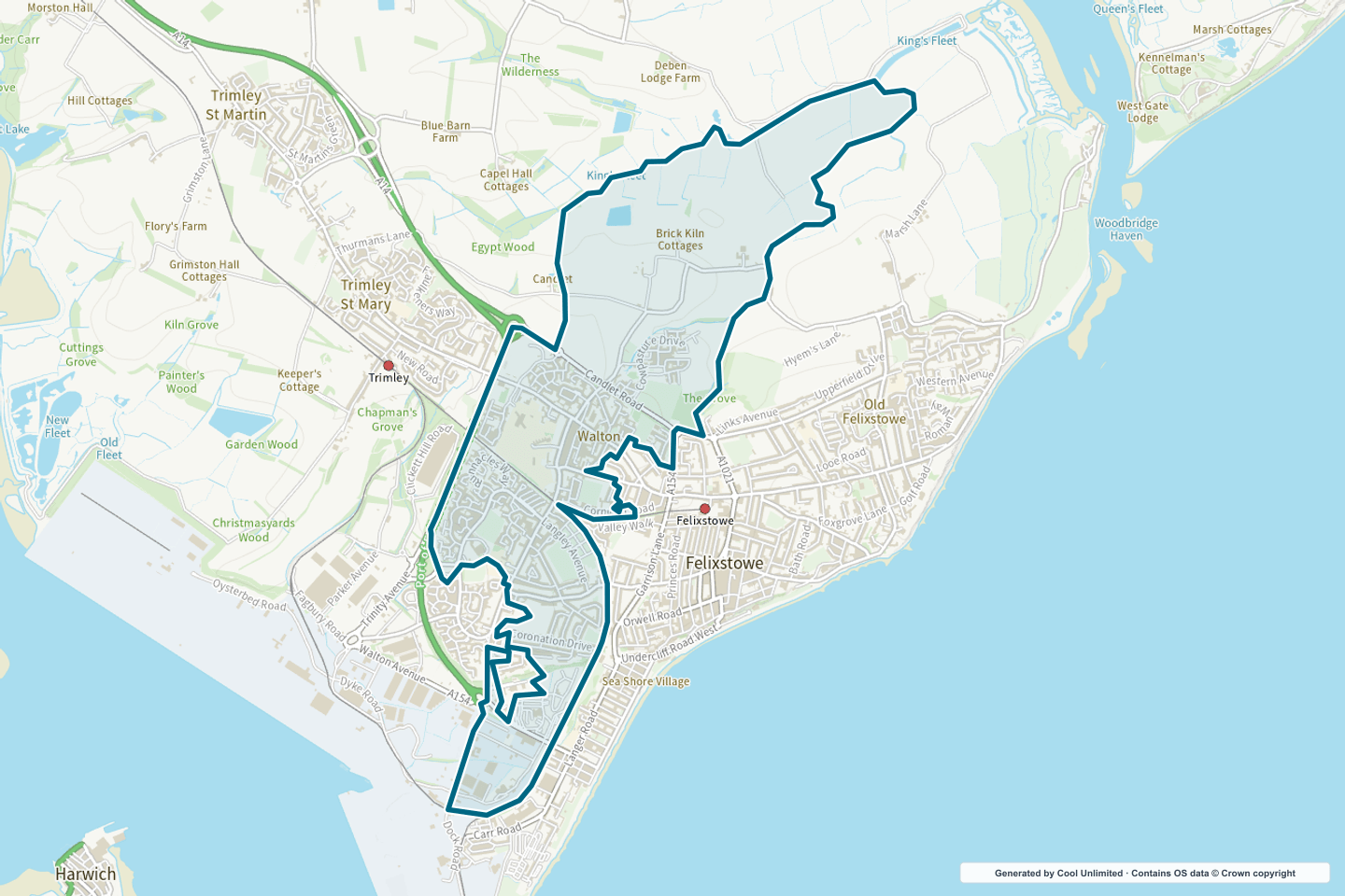 OS OpenData Outdoor map showing the approximate Felixstowe West selection geography outlined in blue