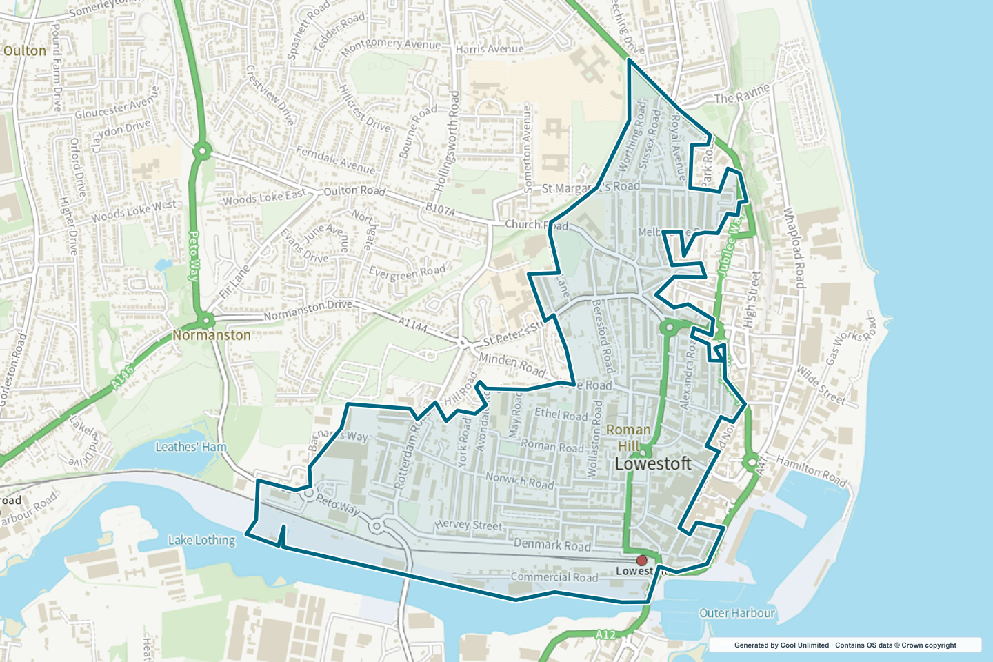 OS OpenData Outdoor map showing the approximate Lowestoft Central selection geography outlined in blue