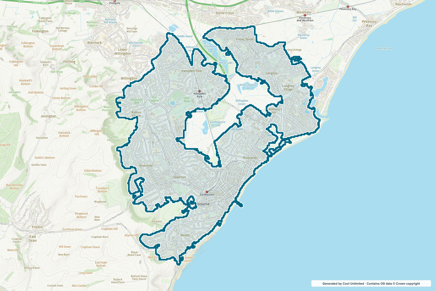 OS OpenData Outdoor map showing the approximate Eastbourne selection geography outlined in blue