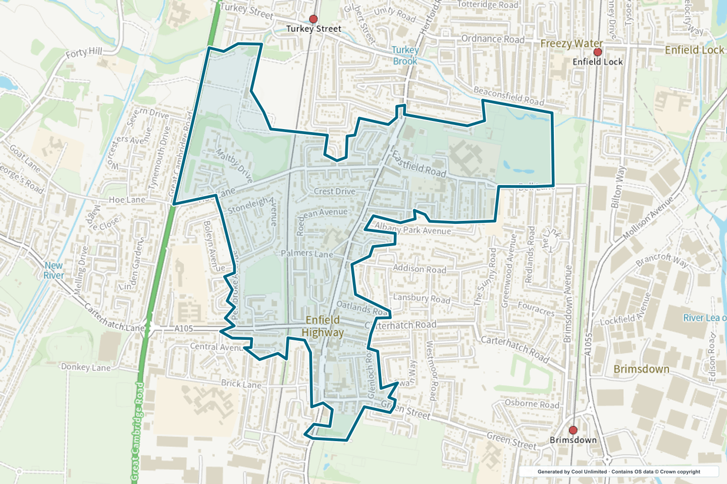 OS OpenData Outdoor map showing the approximate Enfield Wash selection geography outlined in blue