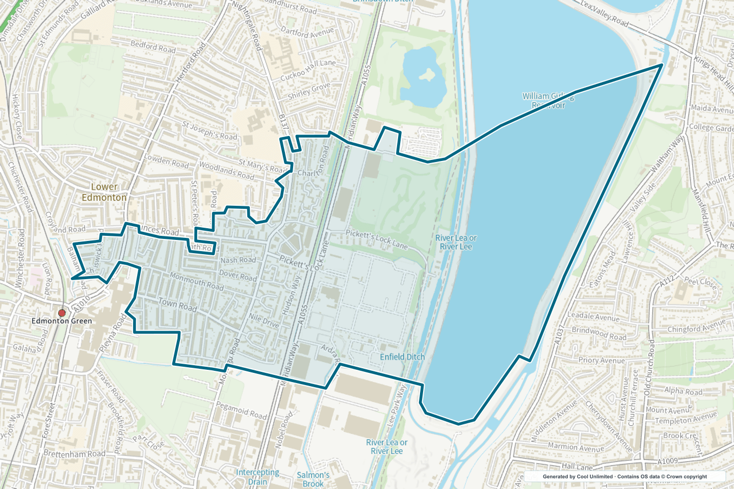 OS OpenData Outdoor map showing the approximate Lower Edmonton South selection geography outlined in blue