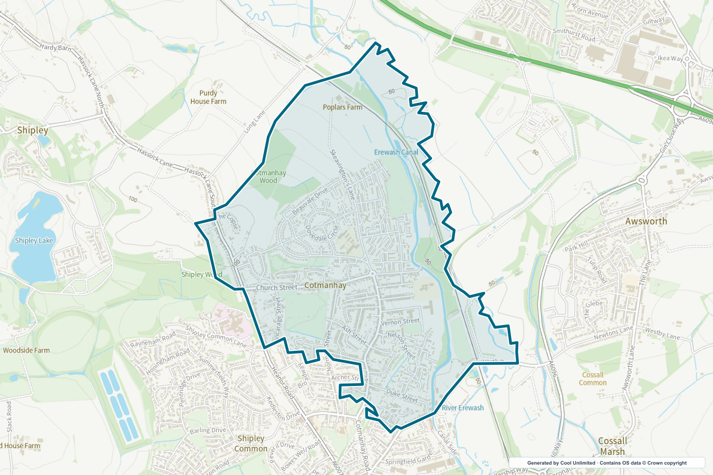 OS OpenData Outdoor map showing the approximate Cotmanhay selection geography outlined in blue