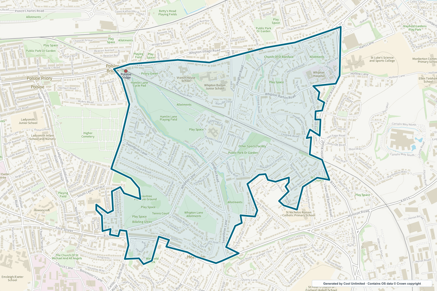 OS OpenData Outdoor map showing the approximate Heavitree East & Whipton South selection geography outlined in blue