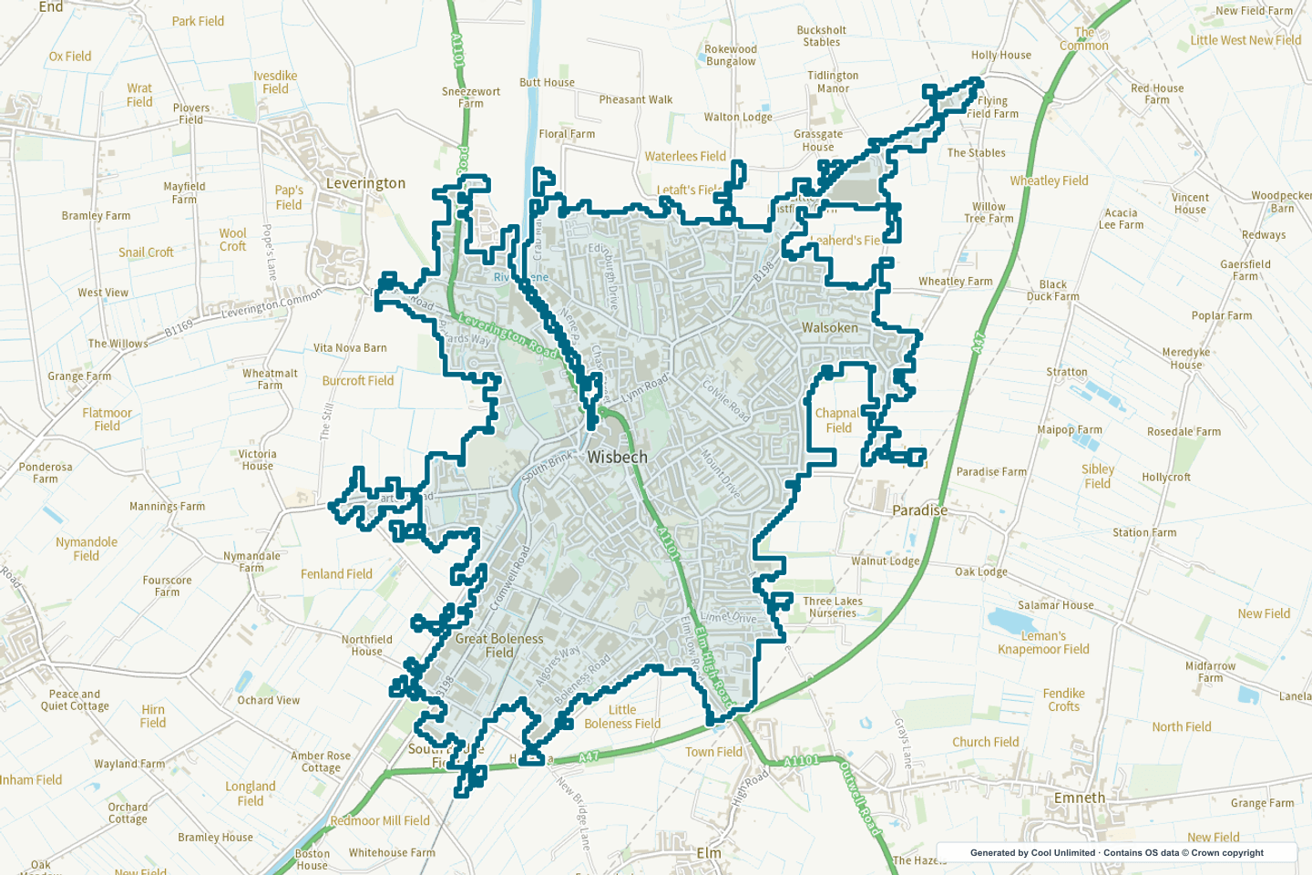 OS OpenData Outdoor map showing the approximate Wisbech selection geography outlined in blue