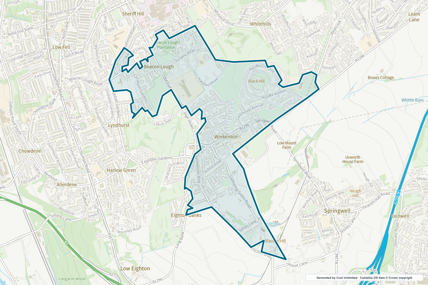 OS OpenData Outdoor map showing the approximate Beacon Lough & Wrekenton selection geography outlined in blue