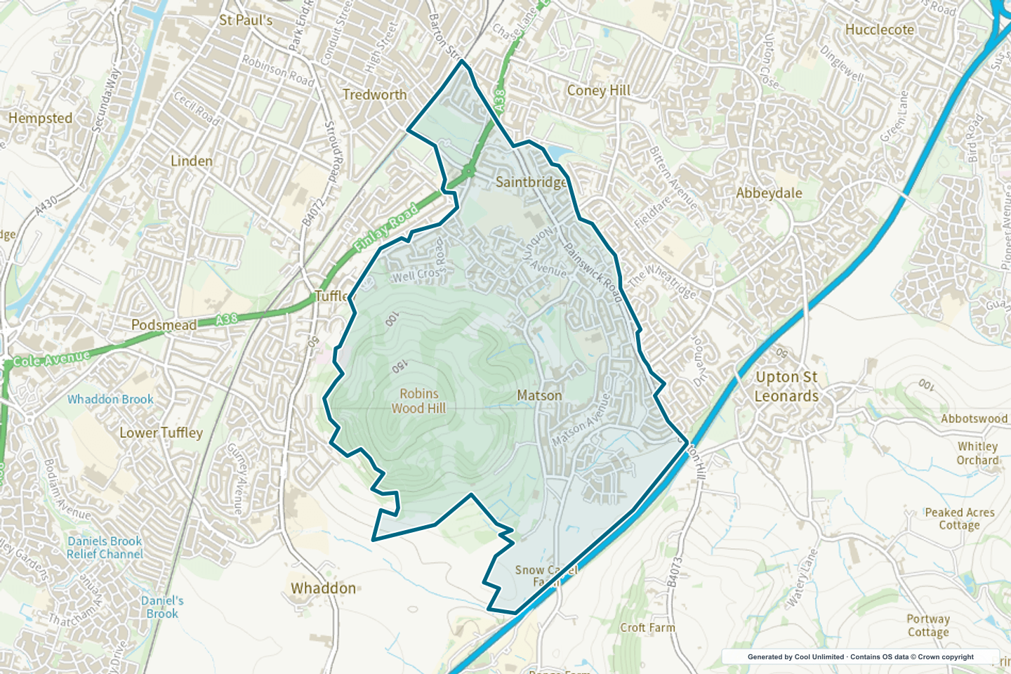 OS OpenData Outdoor map showing the approximate Matson & Robinswood selection geography outlined in blue
