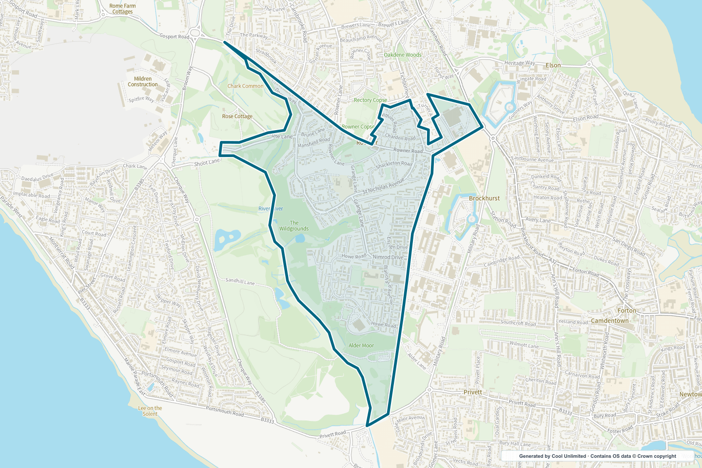 OS OpenData Outdoor map showing the approximate Rowner selection geography outlined in blue