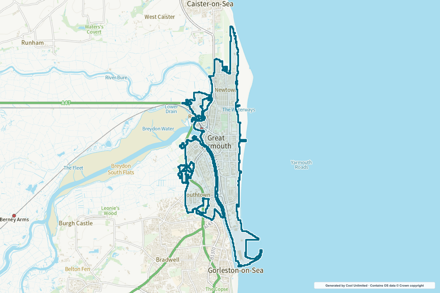 OS OpenData Outdoor map showing the approximate Great Yarmouth selection geography outlined in blue