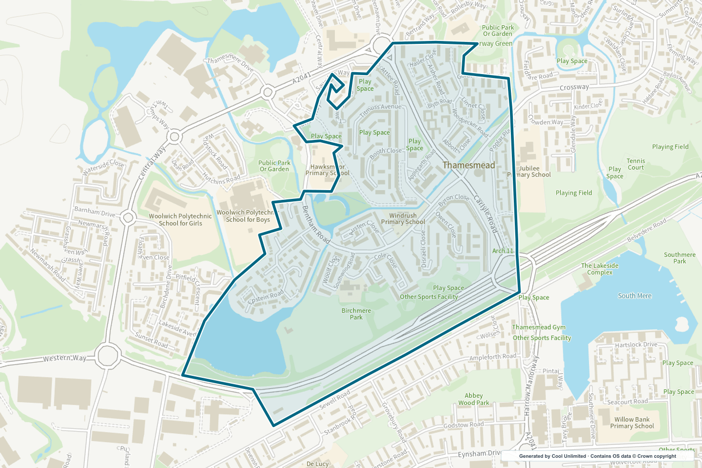 OS OpenData Outdoor map showing the approximate Thamesmead Birchmere Park selection geography outlined in blue