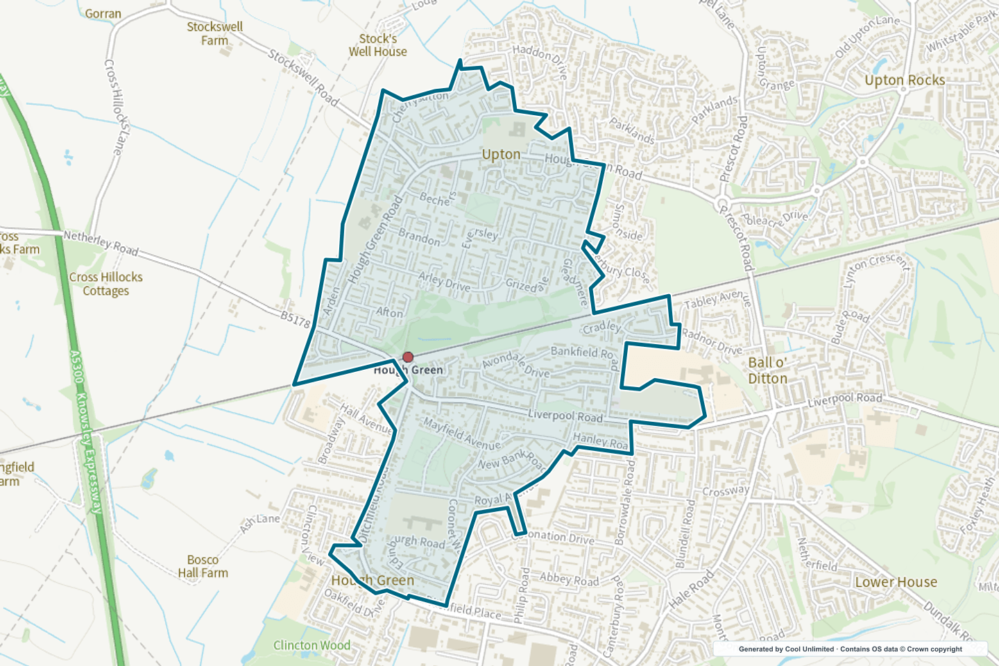 OS OpenData Outdoor map showing the approximate Hough Green selection geography outlined in blue