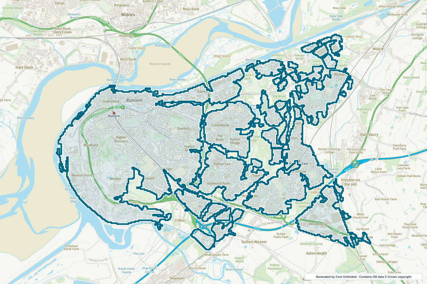 OS OpenData Outdoor map showing the approximate Runcorn selection geography outlined in blue