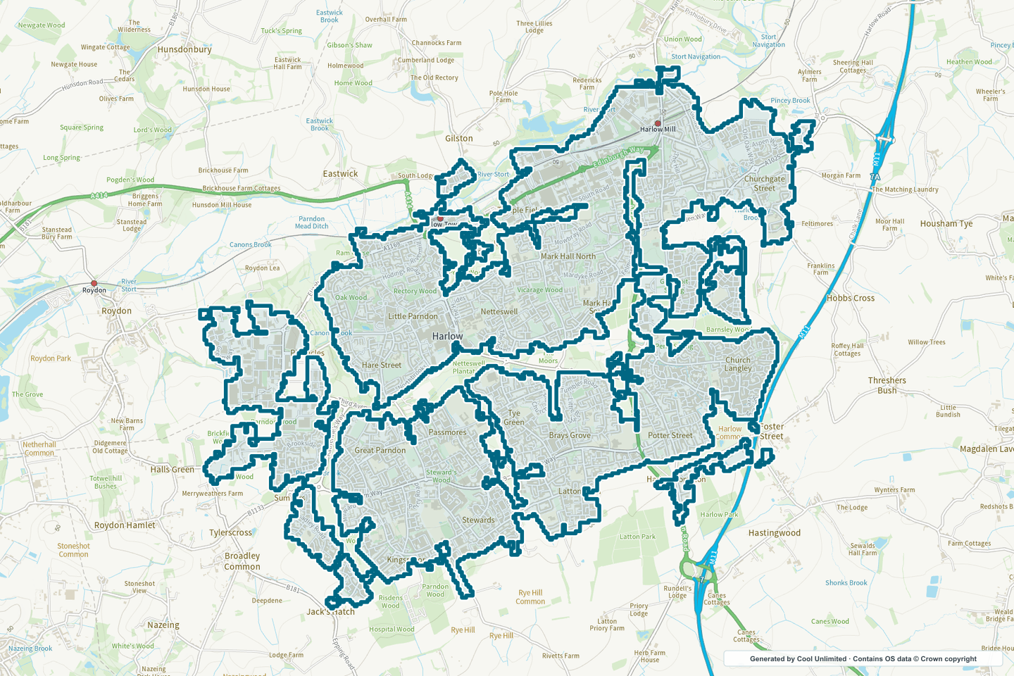 OS OpenData Outdoor map showing the approximate Harlow selection geography outlined in blue