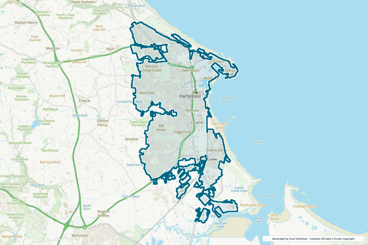 OS OpenData Outdoor map showing the approximate Hartlepool selection geography outlined in blue