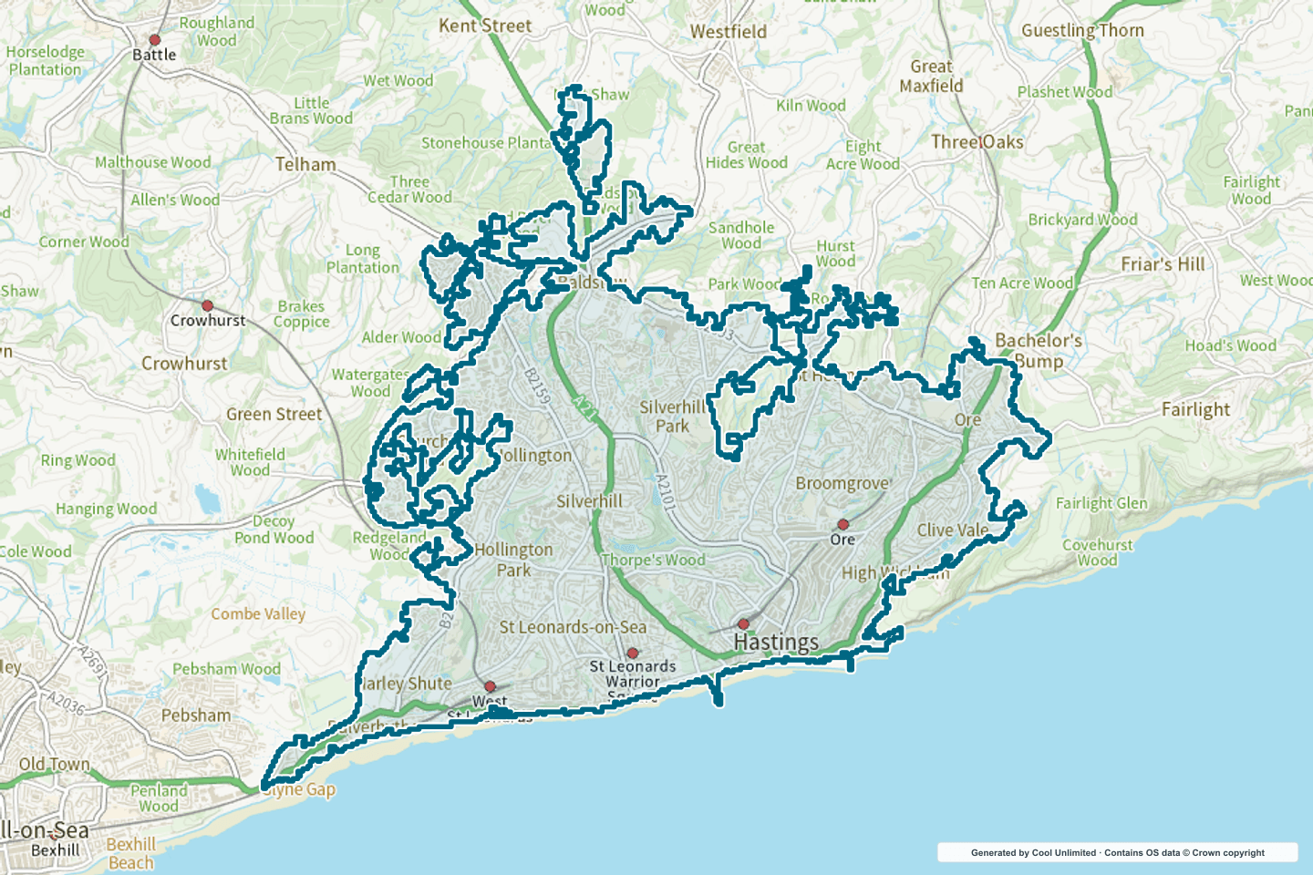 OS OpenData Outdoor map showing the approximate Hastings selection geography outlined in blue
