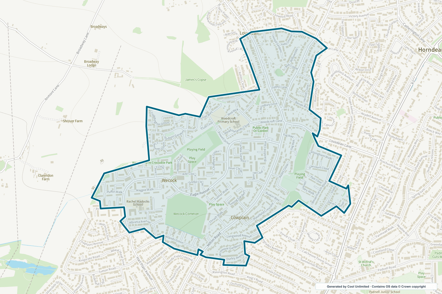 OS OpenData Outdoor map showing the approximate Cowplain West selection geography outlined in blue