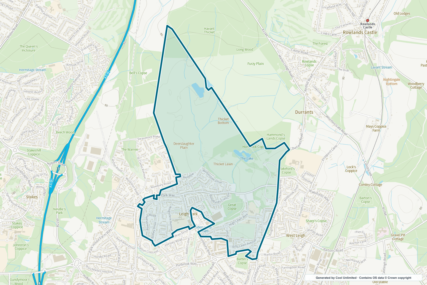 OS OpenData Outdoor map showing the approximate Leigh Park selection geography outlined in blue