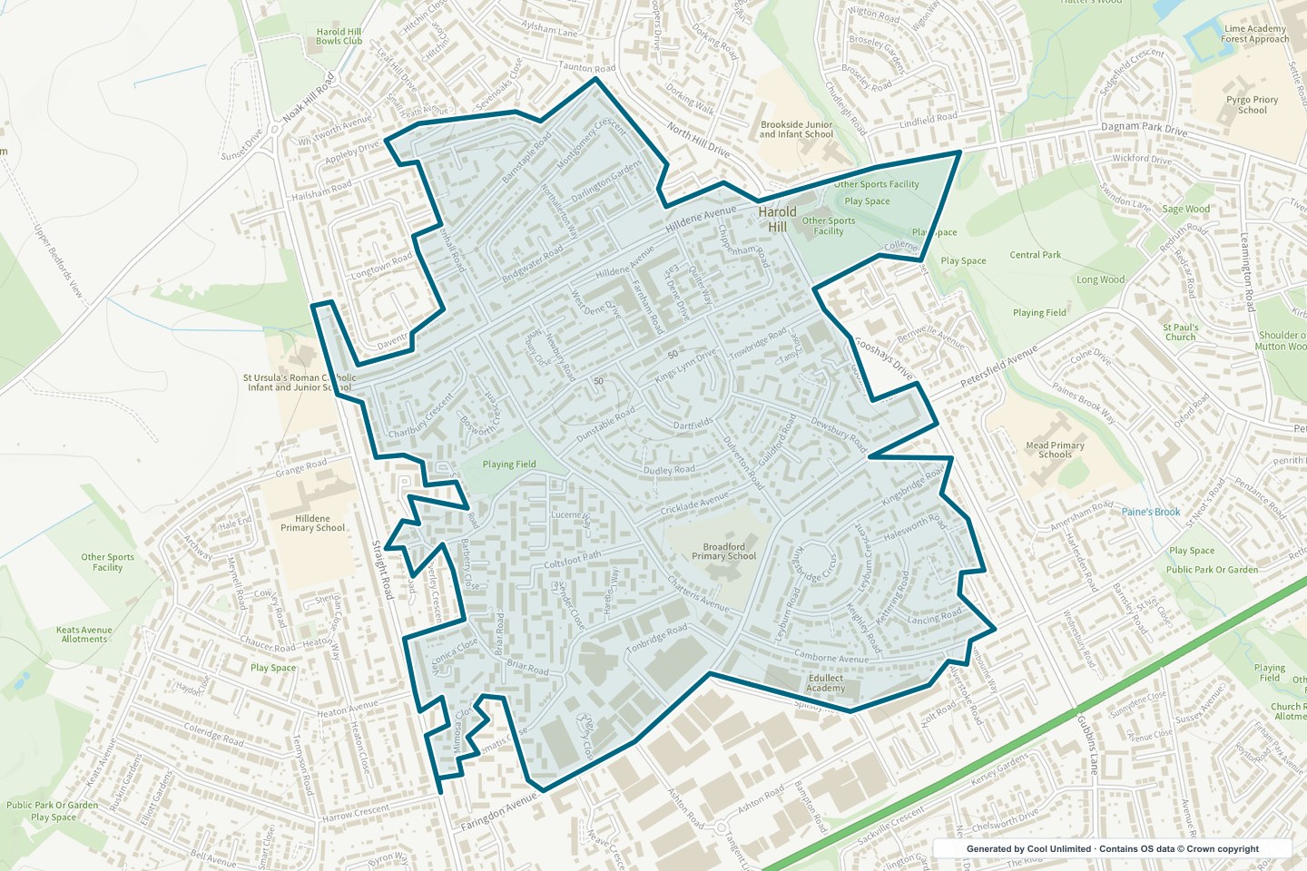 OS OpenData Outdoor map showing the approximate Harold Hill East selection geography outlined in blue